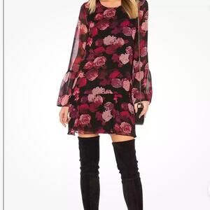 BCBGeneration Dress Black Floral mini dress bell sleeve long Two Tiered boho